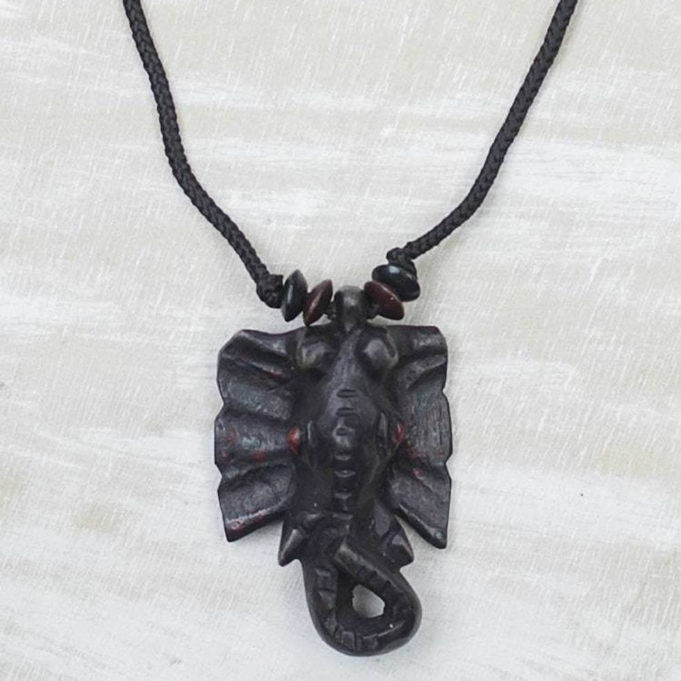 Hand-Carved Brave Elephant Sese Wood Pendant Necklace 'Brave Elephant'