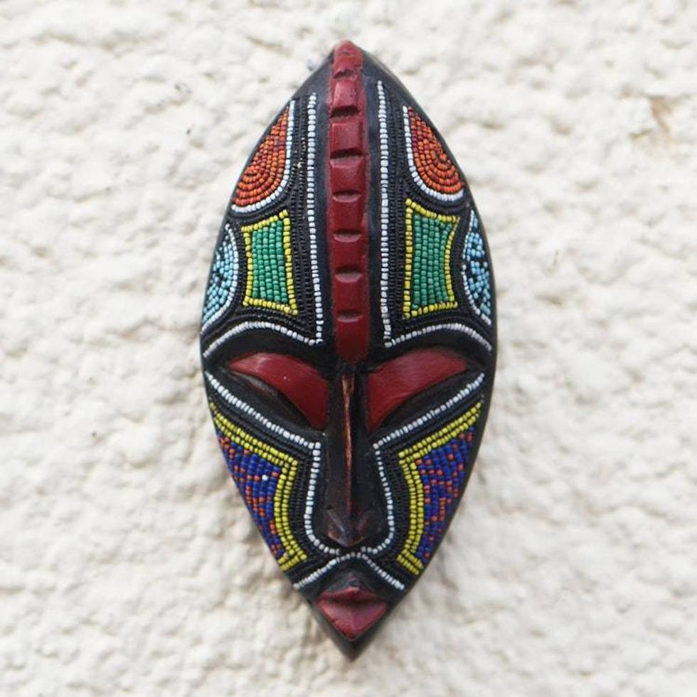 Hand Carved Sese Wood and Glass Bead Mask 'Bisa'