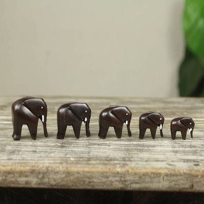 Alternate image for Artisan Crafted Wood Elephant Sculpture Set of 5 Elephant Family