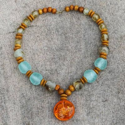 Alternate image for Beaded Pendant Necklace with Recycled Glass and Wood Eco Anonyam