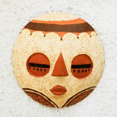 Alternate image for Beige and Orange African Wood Mask Crafted in Ghana Beautiful Eyes