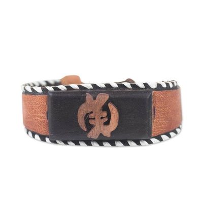 Alternate image for Leather Wristband Bracelet with Wooden Accent Ghanaian Symbol