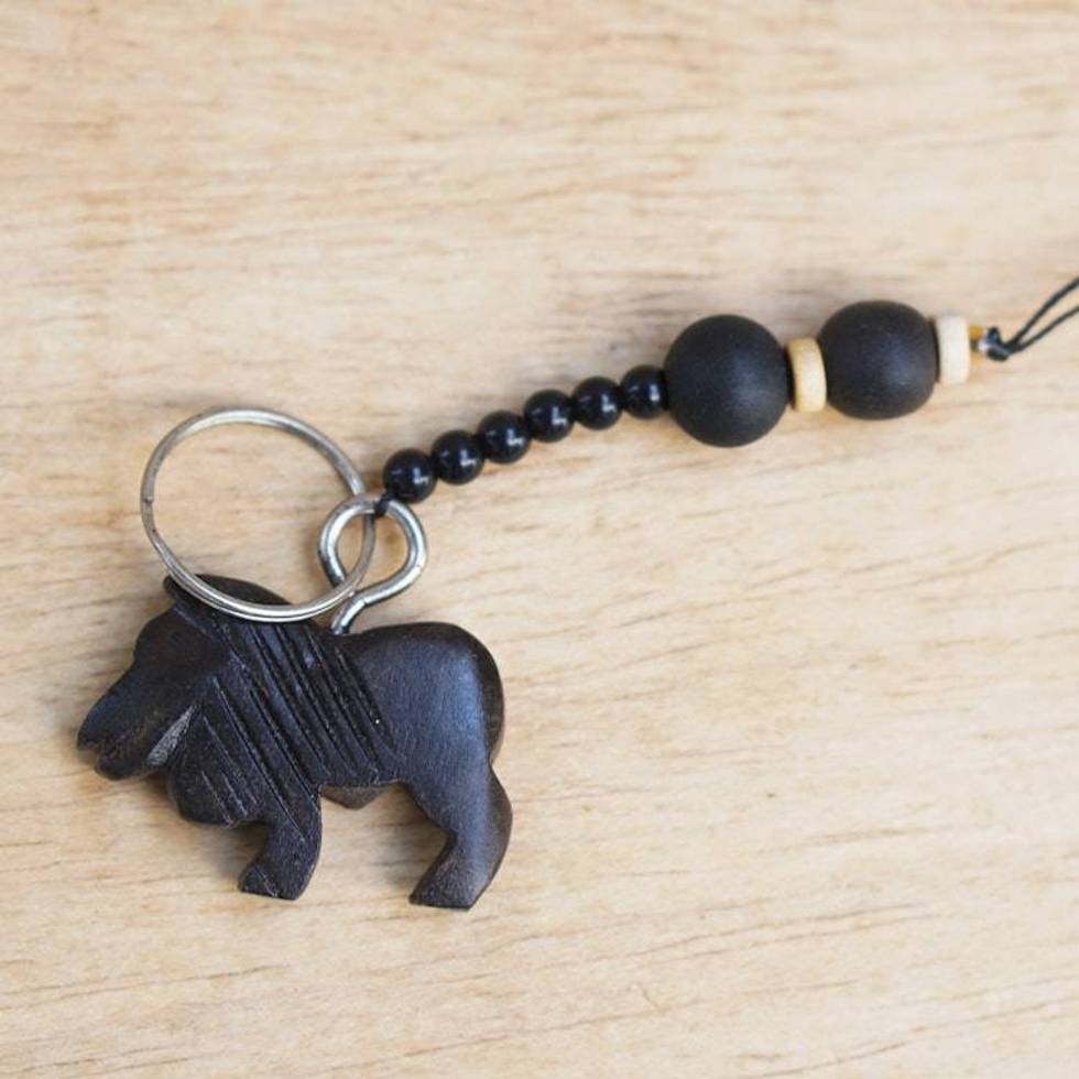 Eco-Friendly Ebony Lion Keychain with Wood Beads 'Lion'