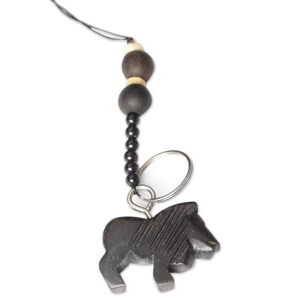 Alternate image for Eco-Friendly Ebony Lion Keychain with Wood Beads Lion
