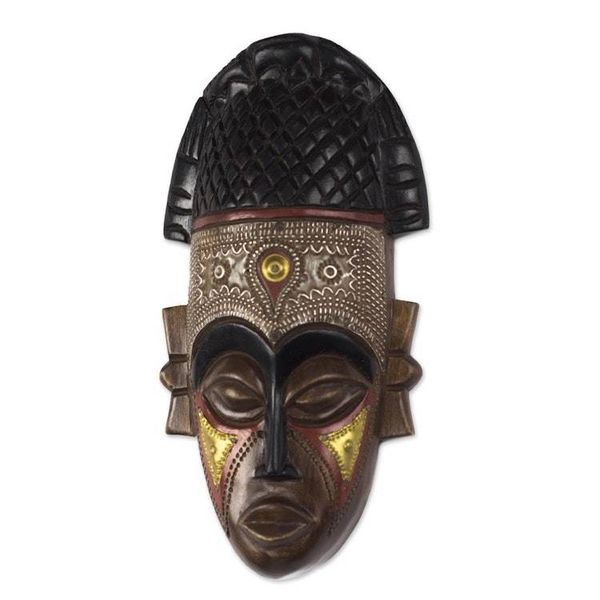 Alternate image for Handcrafted African Wood Mask with Brass and Aluminum Lovely Crown