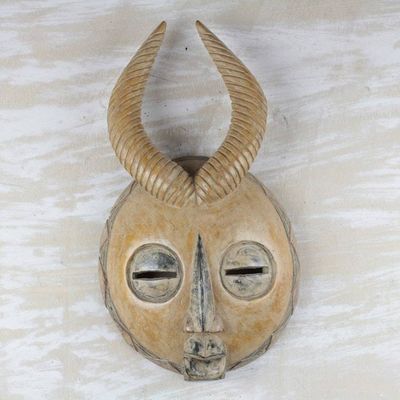 Primary image for Yellow Sese Wood African Mask with Horns from Ghana Yellow Gazelle