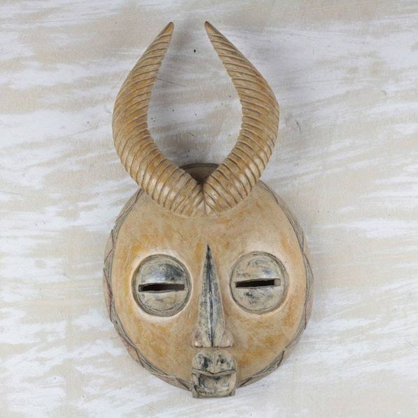Alternate image for Yellow Sese Wood African Mask with Horns from Ghana Yellow Gazelle