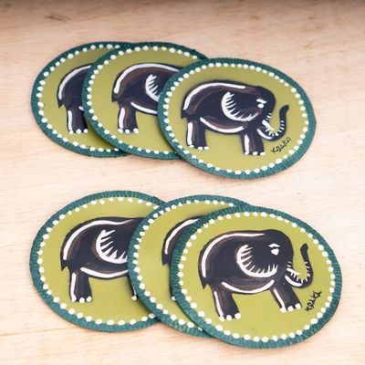 Alternate image for Set of 6 Hand-Painted Cotton Coasters with Elephant Motif Green Elephant