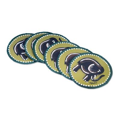 Alternate image for Set of 6 Hand-Painted Cotton Coasters with Elephant Motif Green Elephant