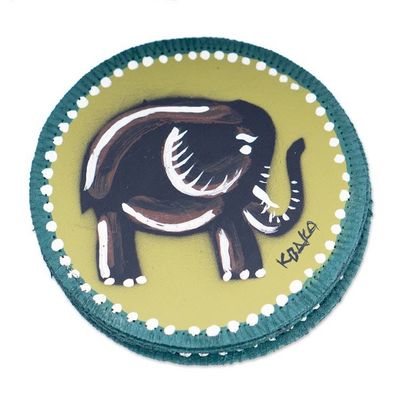 Alternate image for Set of 6 Hand-Painted Cotton Coasters with Elephant Motif Green Elephant