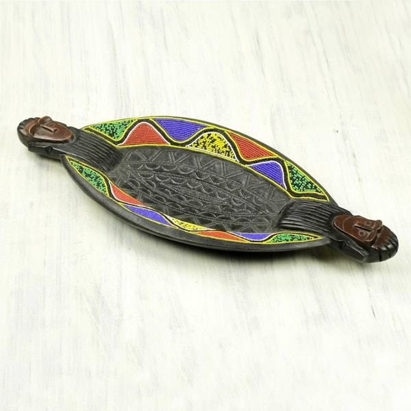 Alternate image for Colorful African Beaded Wood Decorative Tray Cape Coast Waves