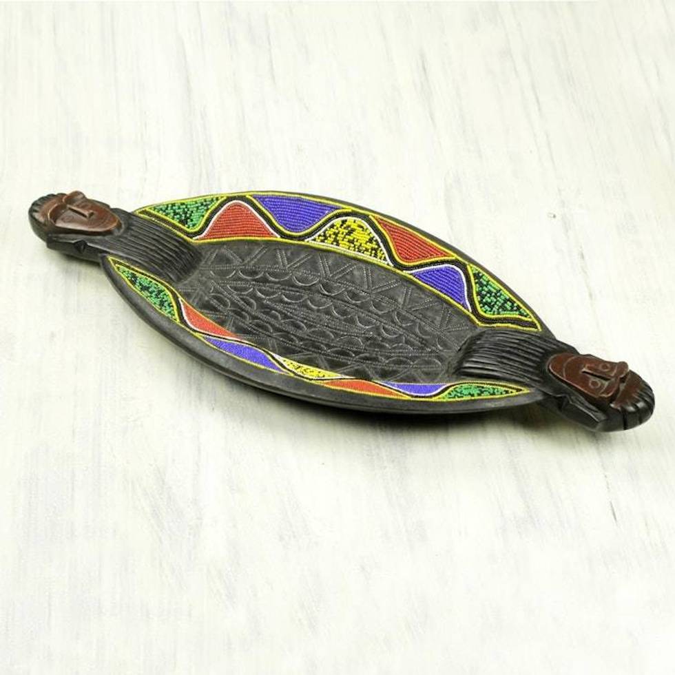 Colorful African Beaded Wood Decorative Tray 'Cape Coast Waves'