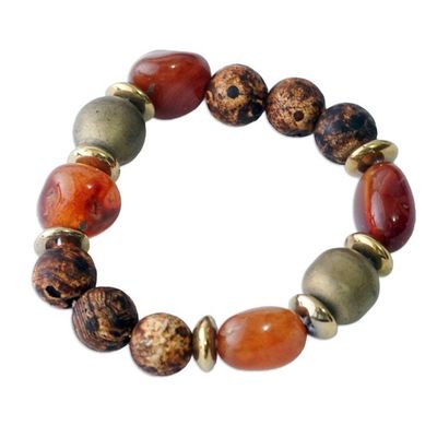 Alternate image for Recycled Glass and Natural Agate Beaded Stretch Bracelet Gorgeous Fire