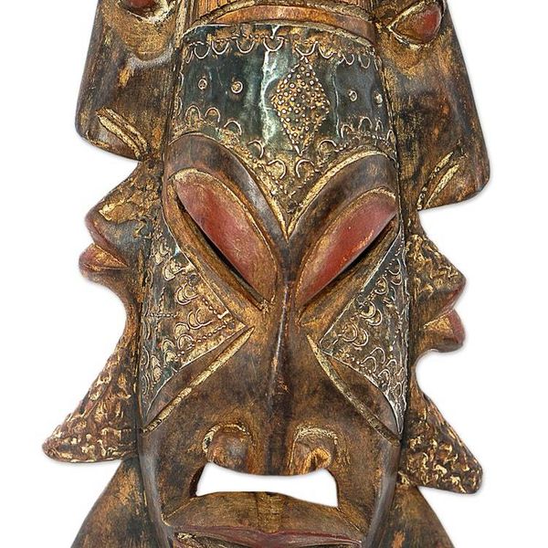 Alternate image for Traditional African Wood Mask with Three-Faced Design Three Facets