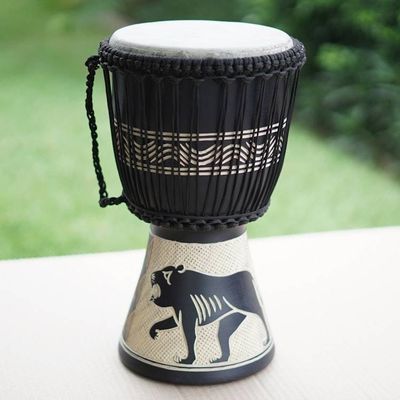 Alternate image for Tiger-Themed Black Sese Wood and Goat Skin Djembe Drum Safari Beat