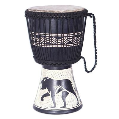 Alternate image for Tiger-Themed Black Sese Wood and Goat Skin Djembe Drum Safari Beat