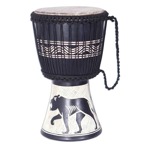 Alternate image for Tiger-Themed Black Sese Wood and Goat Skin Djembe Drum Safari Beat