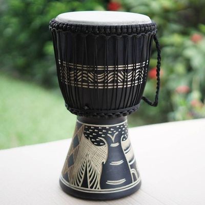Alternate image for Tiger-Themed Black Sese Wood and Goat Skin Djembe Drum Safari Beat