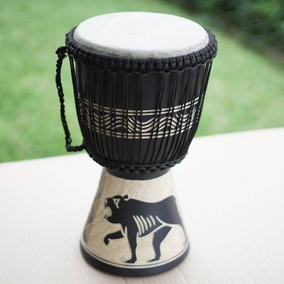 Alternate image for Tiger-Themed Black Sese Wood and Goat Skin Djembe Drum Safari Beat