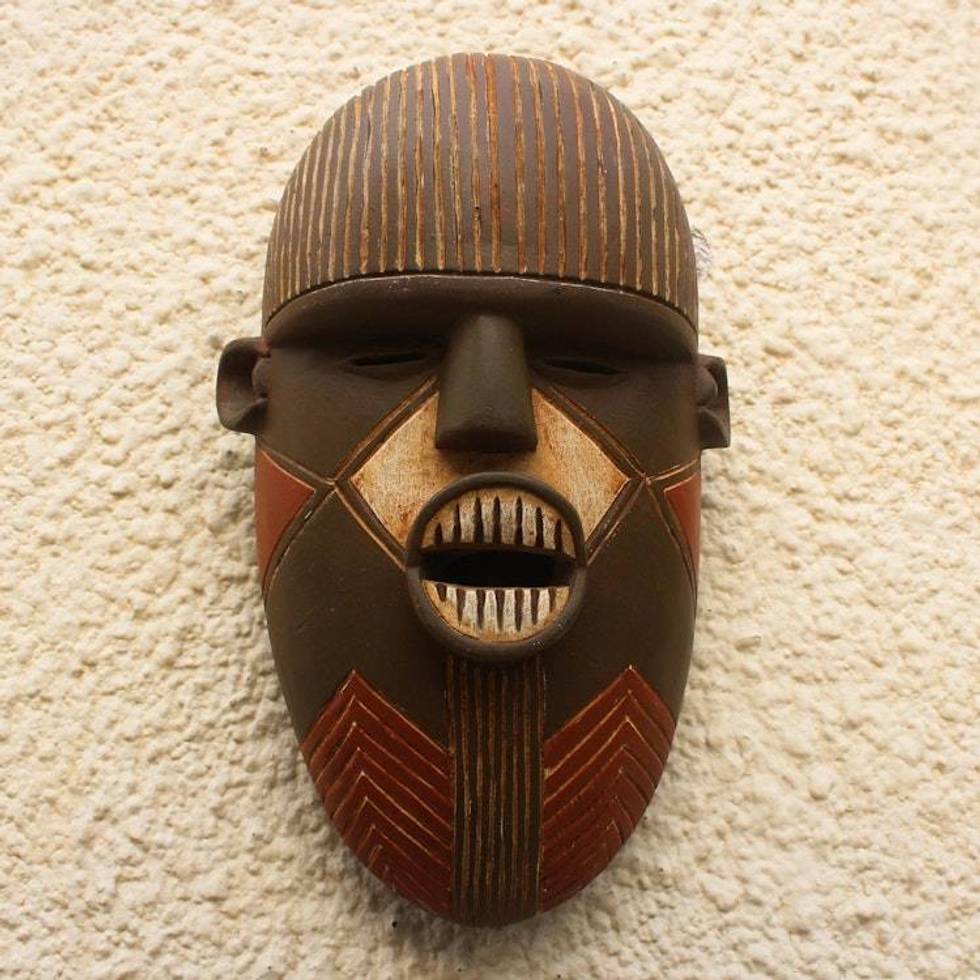 Hand-Carved African Wood Mask with Pointy Teeth from Ghana 'Luena'
