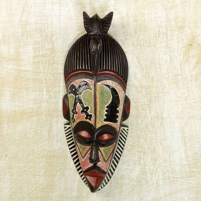 Alternate image for Sese Wood and Aluminum Symbolic African Mask from Ghana Akaoben and Akofen