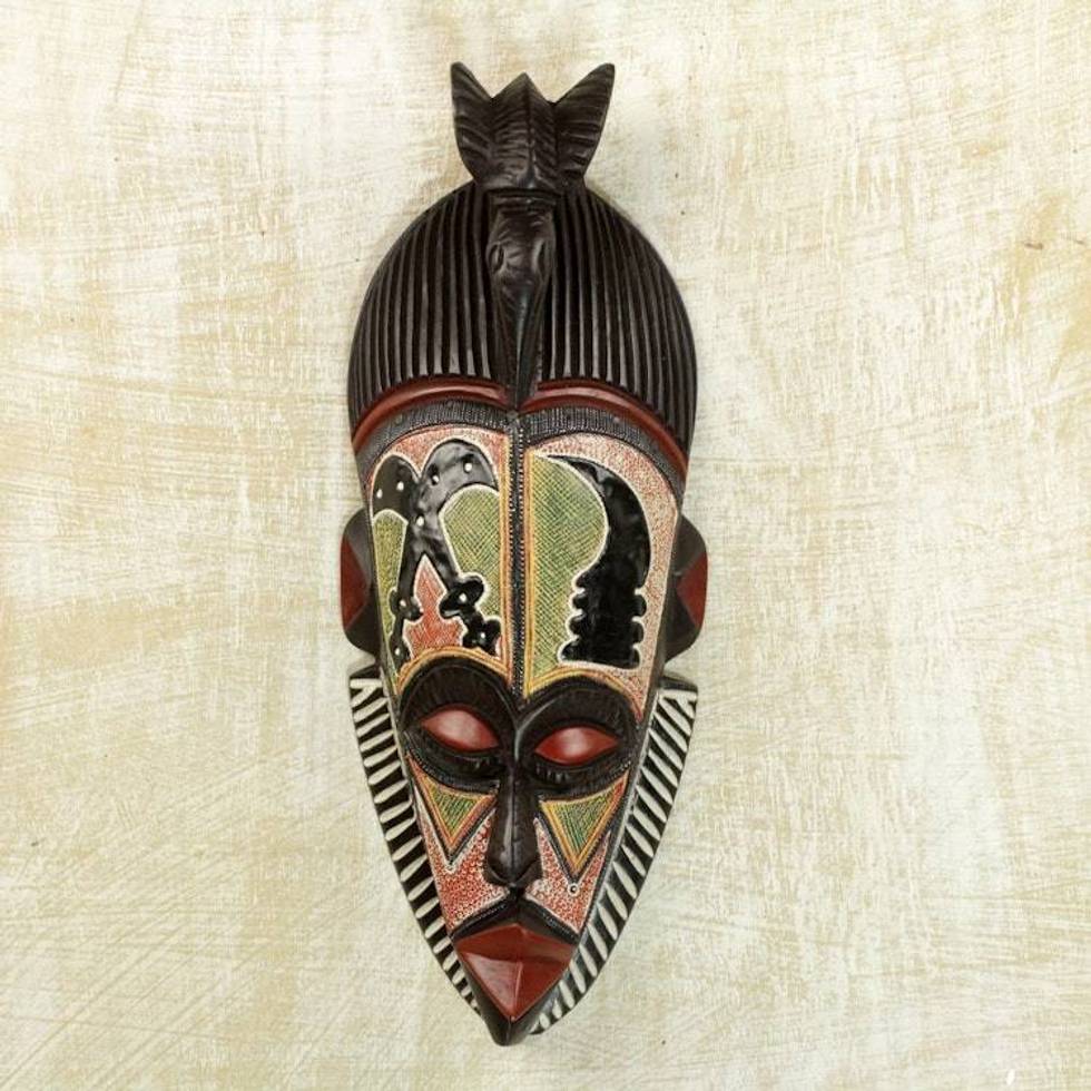 Sese Wood and Aluminum Symbolic African Mask from Ghana 'Akaoben and Akofen'