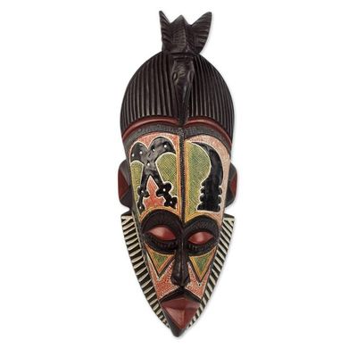 Alternate image for Sese Wood and Aluminum Symbolic African Mask from Ghana Akaoben and Akofen