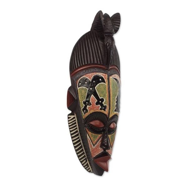 Alternate image for Sese Wood and Aluminum Symbolic African Mask from Ghana Akaoben and Akofen