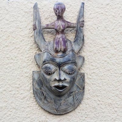 Alternate image for Rustic Horned African Wood Mask from Ghana Horned Mother