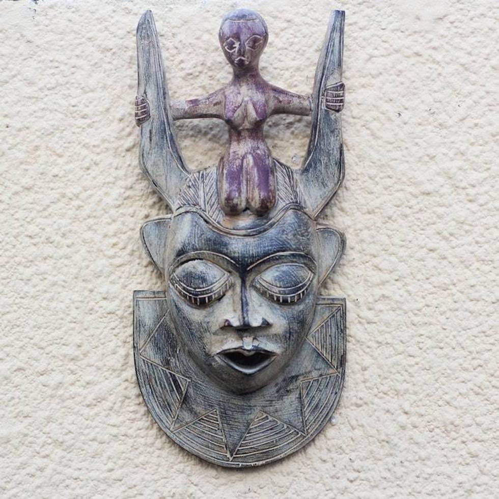Rustic Horned African Wood Mask from Ghana 'Horned Mother'