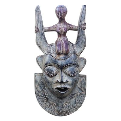 Alternate image for Rustic Horned African Wood Mask from Ghana Horned Mother