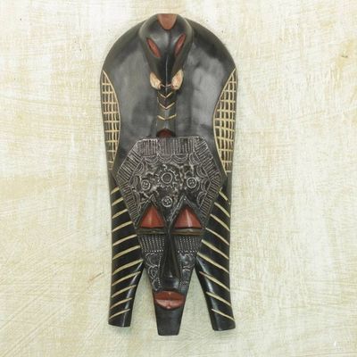 Alternate image for Handcrafted Sese Wood and Aluminum Wall Mask from Ghana Elephant Glory