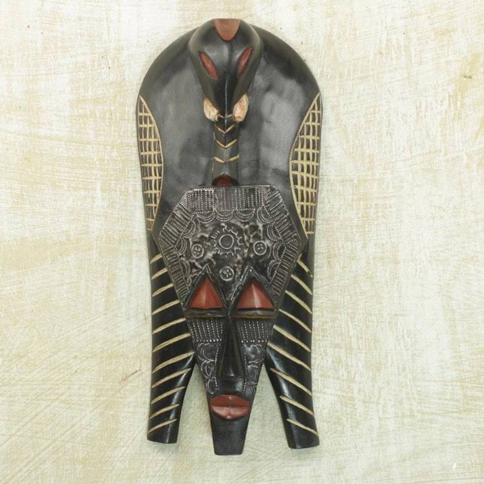 Handcrafted Sese Wood and Aluminum Wall Mask from Ghana 'Elephant Glory'