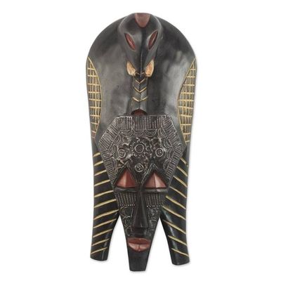 Alternate image for Handcrafted Sese Wood and Aluminum Wall Mask from Ghana Elephant Glory