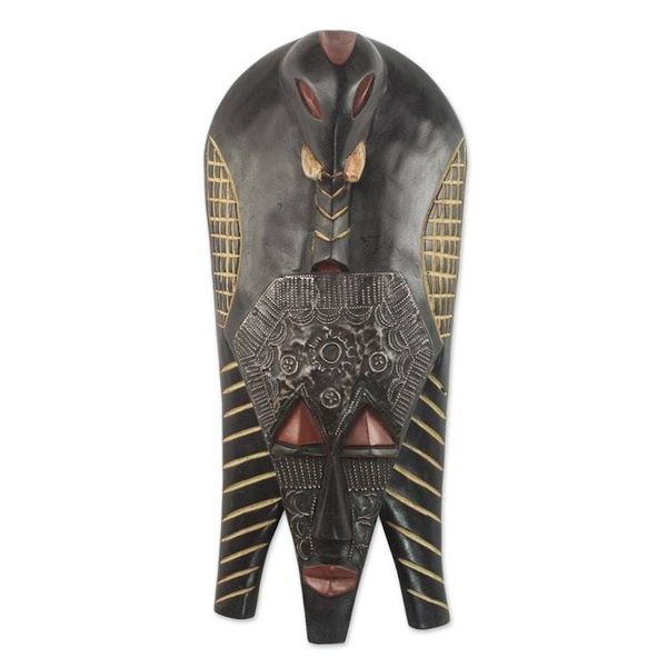 Alternate image for Handcrafted Sese Wood and Aluminum Wall Mask from Ghana Elephant Glory
