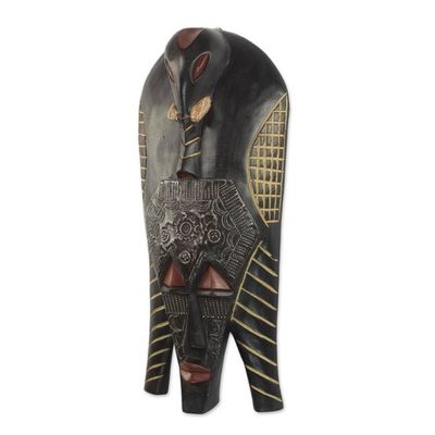 Alternate image for Handcrafted Sese Wood and Aluminum Wall Mask from Ghana Elephant Glory