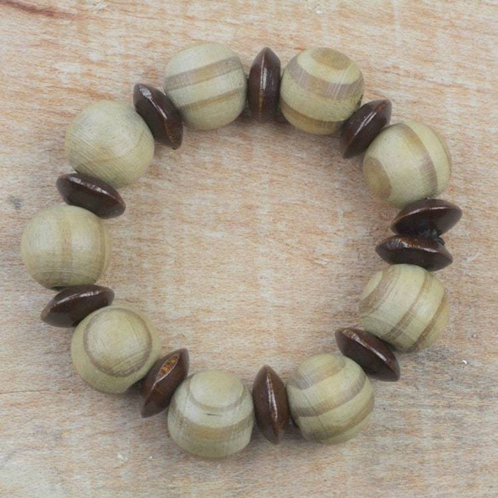 Circular Sese Wood Beaded Stretch Bracelet from Ghana 'Happy Circles'