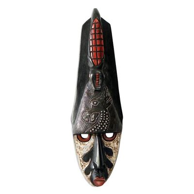 Alternate image for Hand Carved African Sese Wood Crocodile and Giraffe Mask Watchful Crocodile