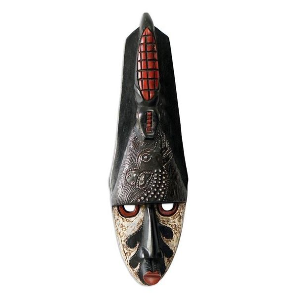 Alternate image for Hand Carved African Sese Wood Crocodile and Giraffe Mask Watchful Crocodile