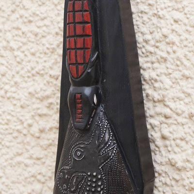 Alternate image for Hand Carved African Sese Wood Crocodile and Giraffe Mask Watchful Crocodile