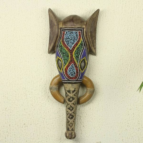 Alternate image for Colorful Beaded African Wood Elephant Head Mask Akan Elephant