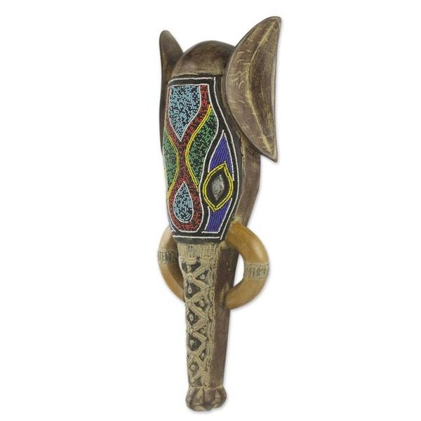 Alternate image for Colorful Beaded African Wood Elephant Head Mask Akan Elephant