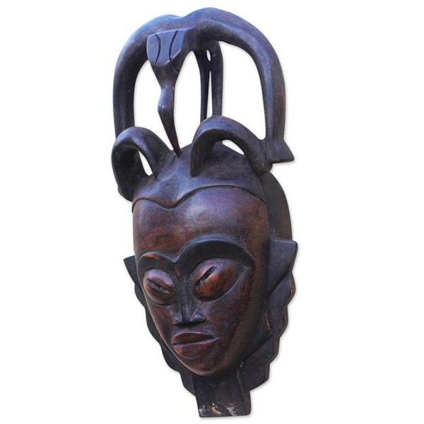 Alternate image for Bird-Themed African Sese Wood Mask Crafted in Ghana Bird of Wisdom
