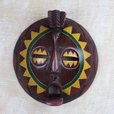 Alternate image for African Painted Round Sese Wood Mask from Ghana Round Sunflower Man