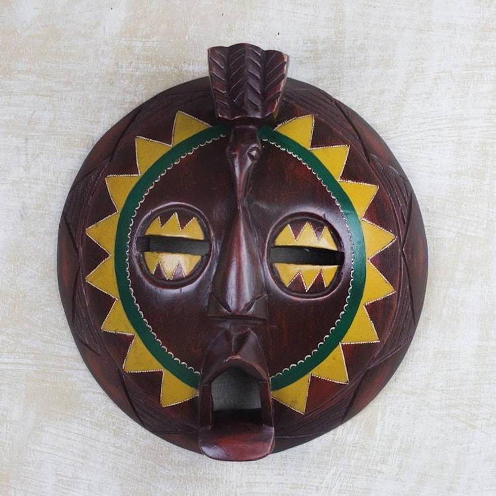 African Painted Round Sese Wood Mask from Ghana 'Round Sunflower Man'