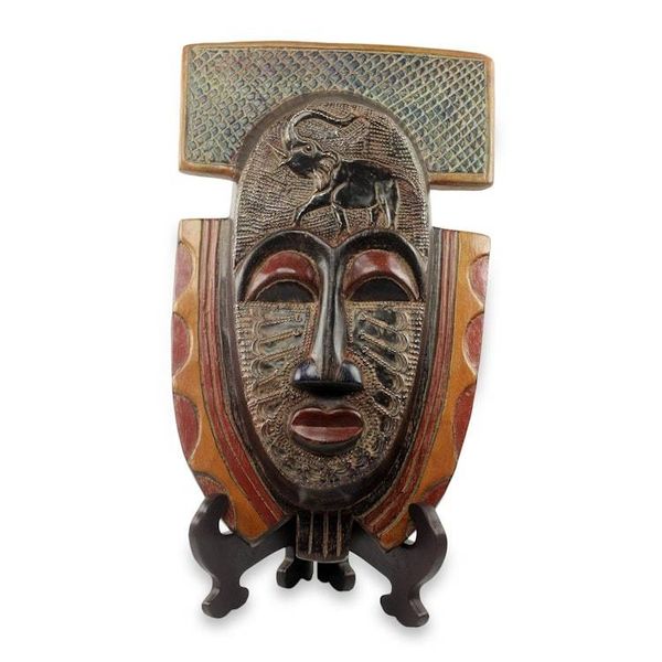 Alternate image for Elephant Theme Hand Made African Mask and Stand from Ghana Royal Elephant