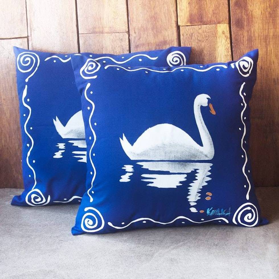 Blue and White Cotton Swan-Motif Cushion Covers Pair 'Swan Swimming'