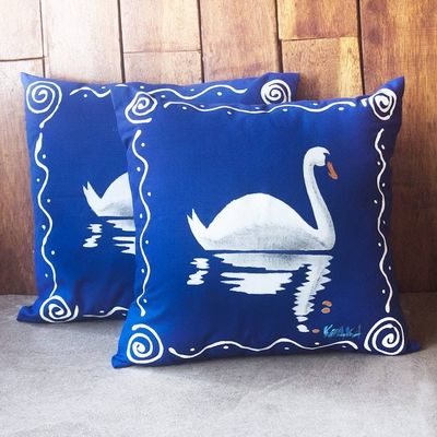 Primary image for Blue and White Cotton Swan-Motif Cushion Covers Pair Swan Swimming