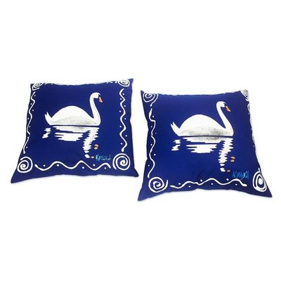 Alternate image for Blue and White Cotton Swan-Motif Cushion Covers Pair Swan Swimming