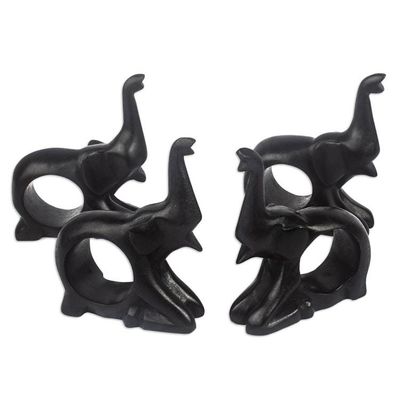 Alternate image for Handmade Teak Wood Elephant Napkin Rings Set of 4 Elephant Holder